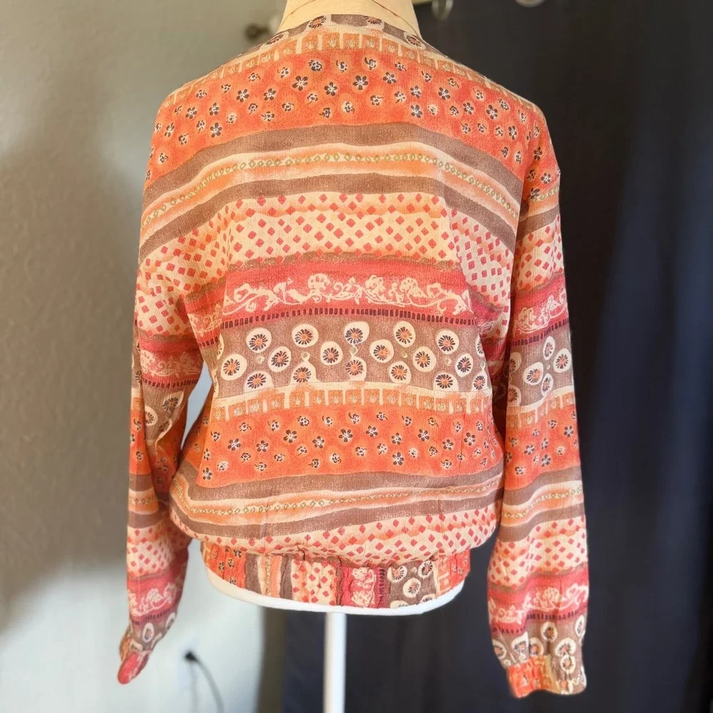 Oleg Cassini Vintage Silk Bomber Jacket Orange Geometric‎ Floral Print Small